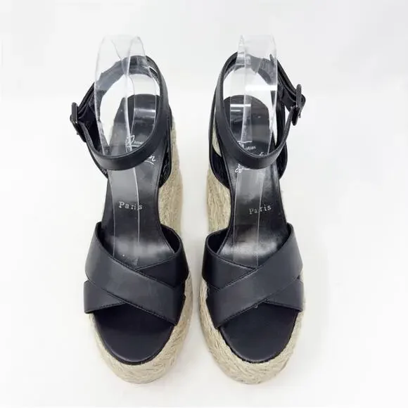Christian Louboutin Mariza Zeppa Black Leather Wedge Sandals Size 38 - Picture 3 of 11